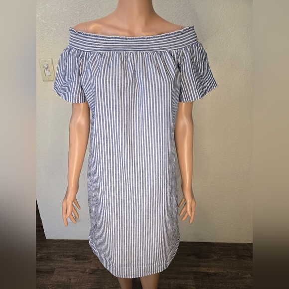 J Crew Size 10 Chambray Blue/White Stripe Dress w/Elastic Neckline Off Shoulder - Picture 10 of 12